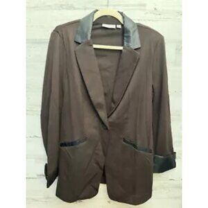 Susan Graver Cotton Stretch Blazer Faux Leather Trim Brown Black Size 8